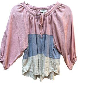 Umgee Colorblock Top Pink Blue Balloon Sleeve Linen Blend Loose Fit Boho Size‎ L